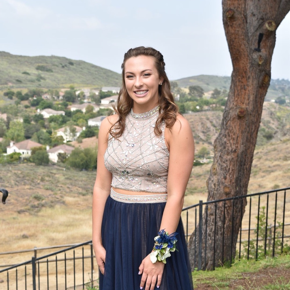 Two piece tan and navy dress with intricate top